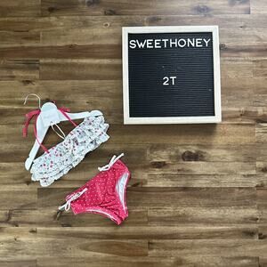 NWT SweeyHoney Milly Frilly Two Piece Swimsuit Red Cream Cherries Dot 18M/2T